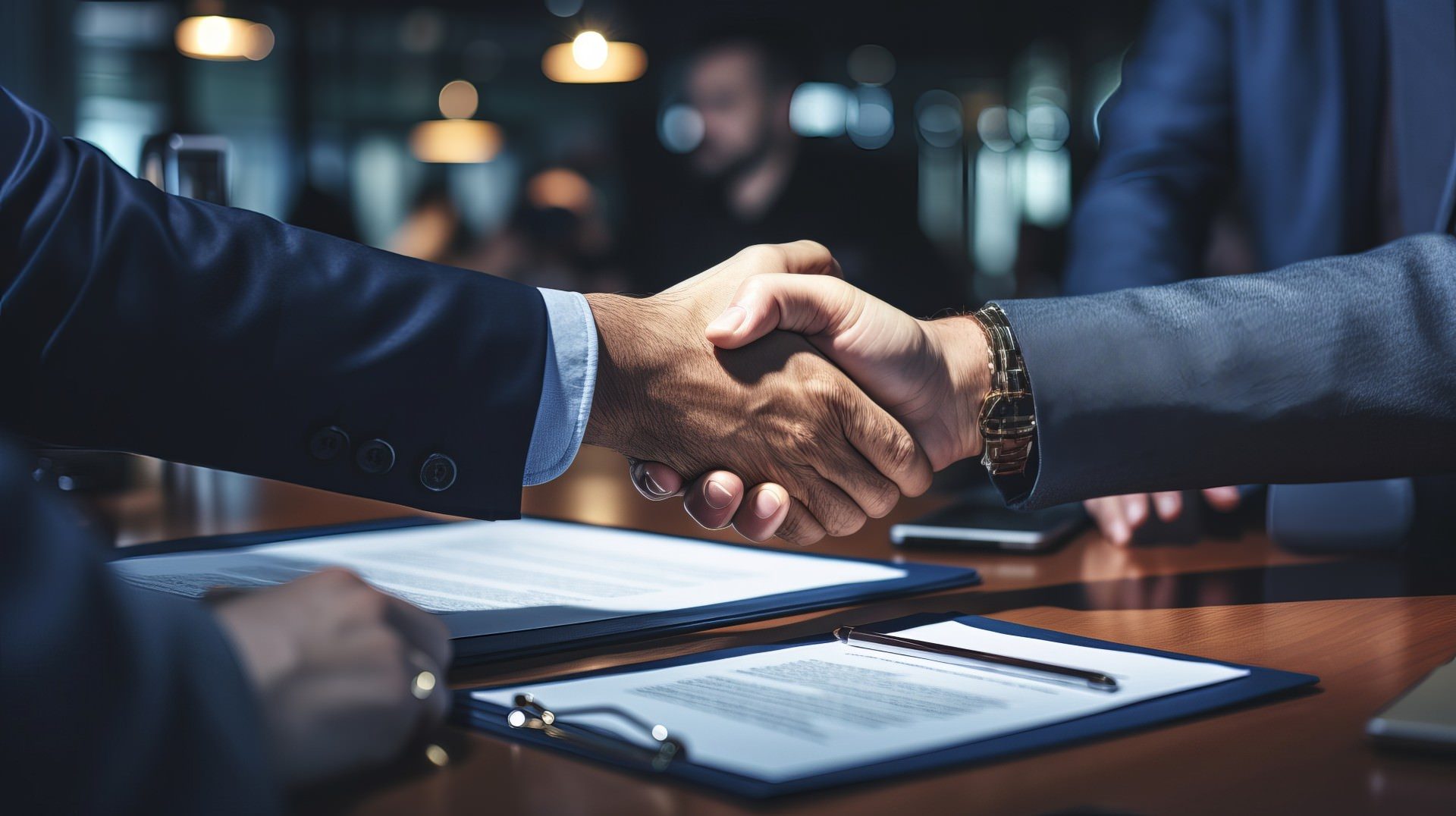 Two business professionals shaking hands over signed agreements after a successful closing