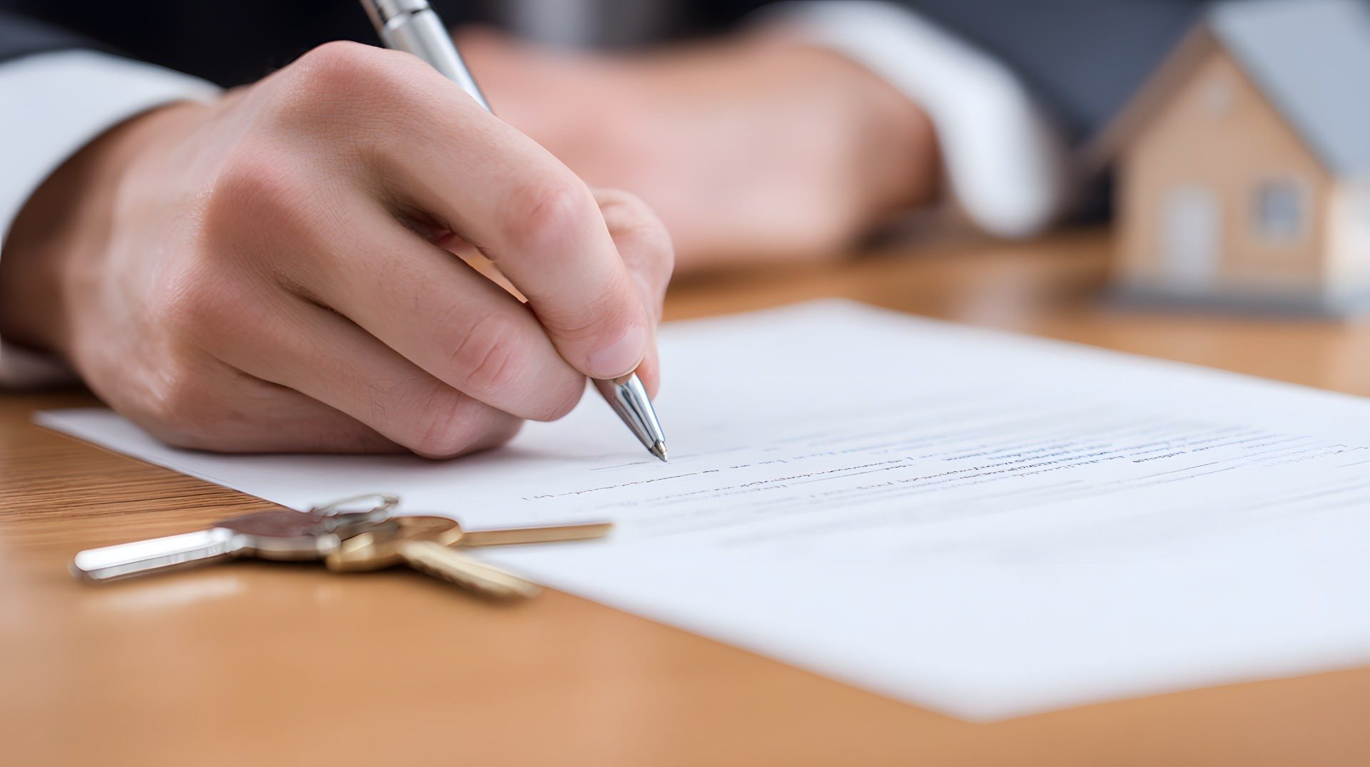 Buyer signing a San Diego real estate purchase agreement beside a set of keys